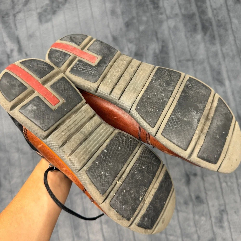 Prada 4E 2282 Hiking Sneaker Mens 8.5 Brown Orange Leather Mesh Mid Top